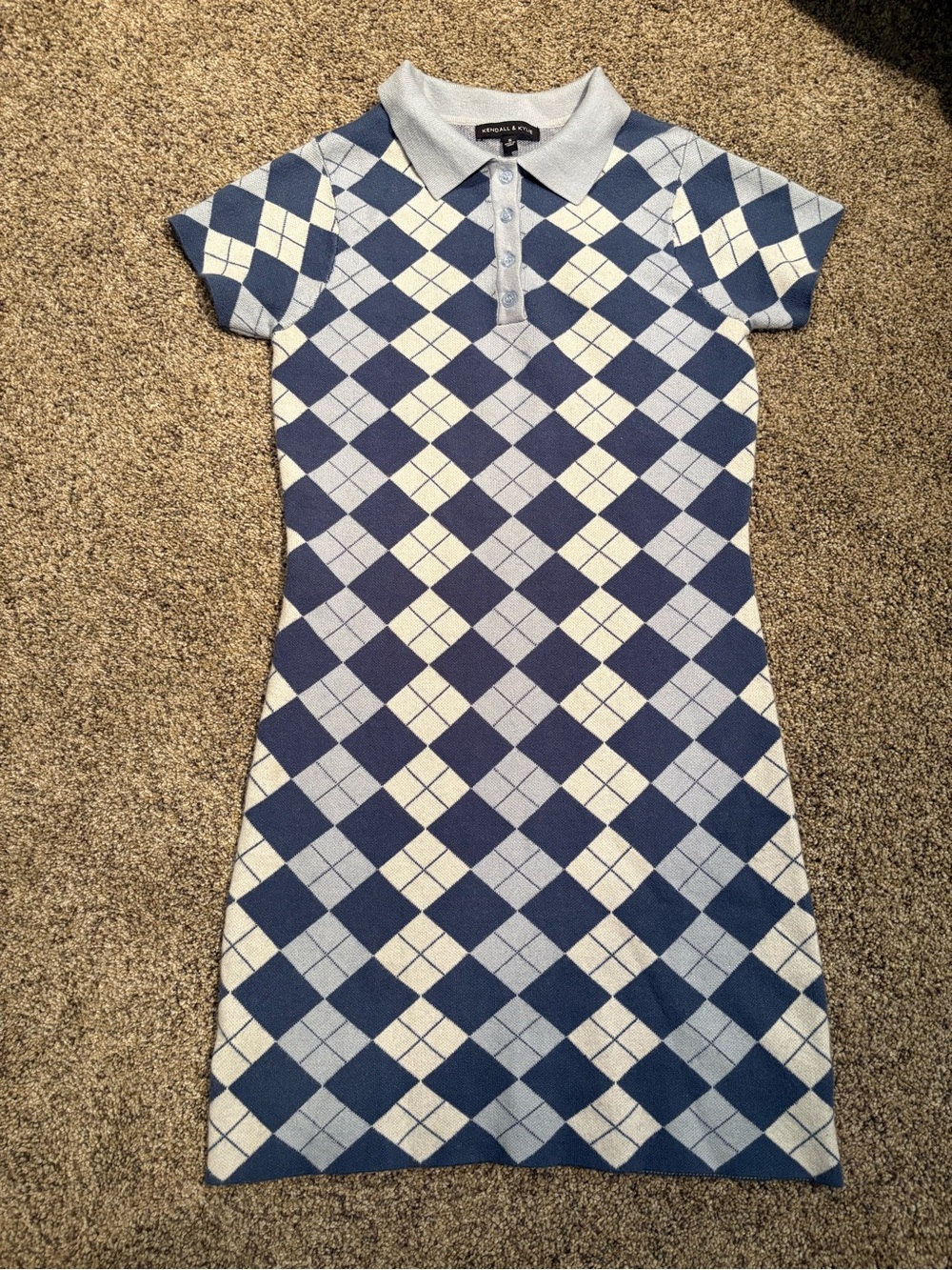 Kendall & Kylie Blue and Cream Argyle Polo Knit Mini Dress